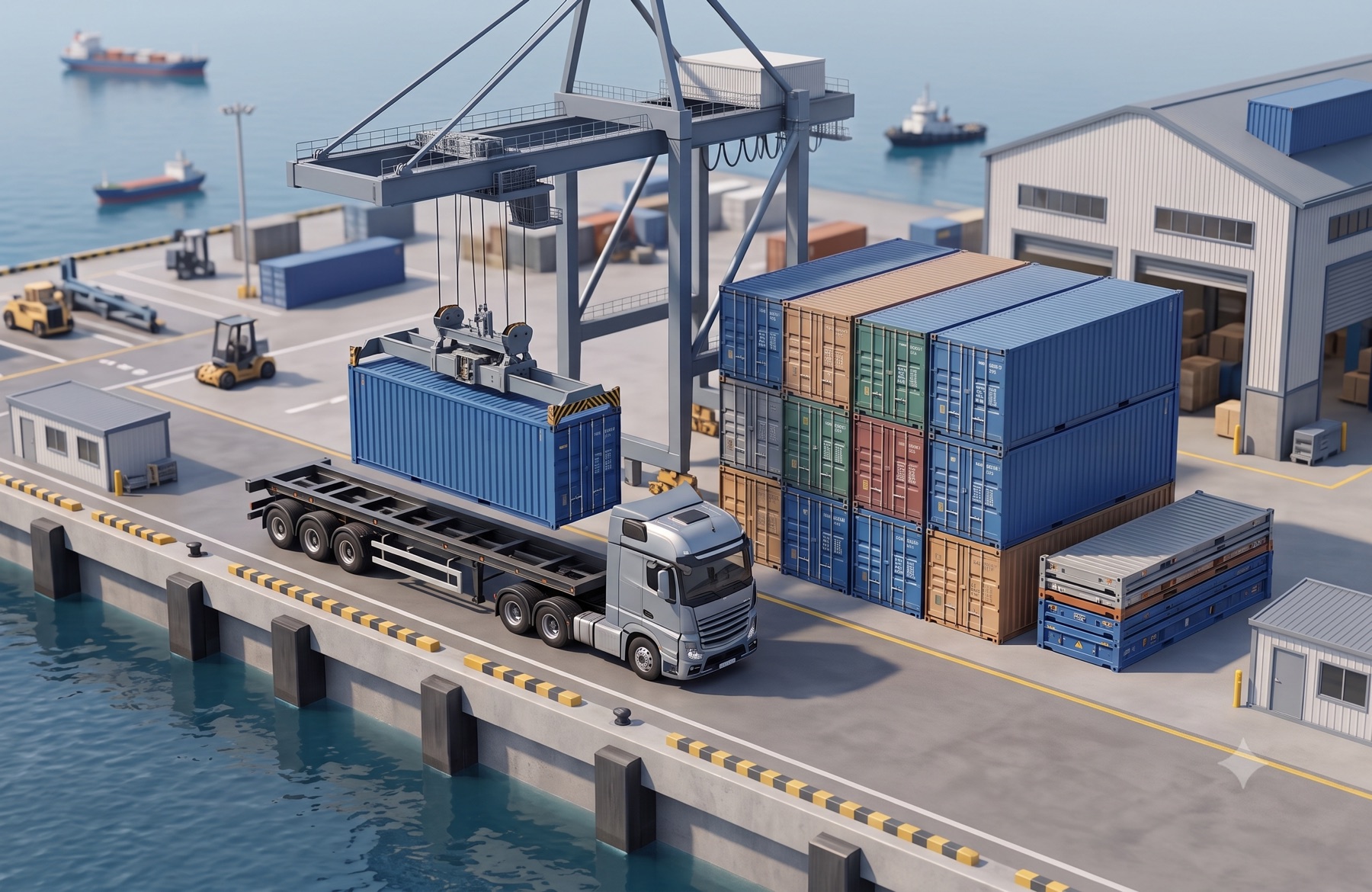 Containers being loaded onto a truck at a port terminal