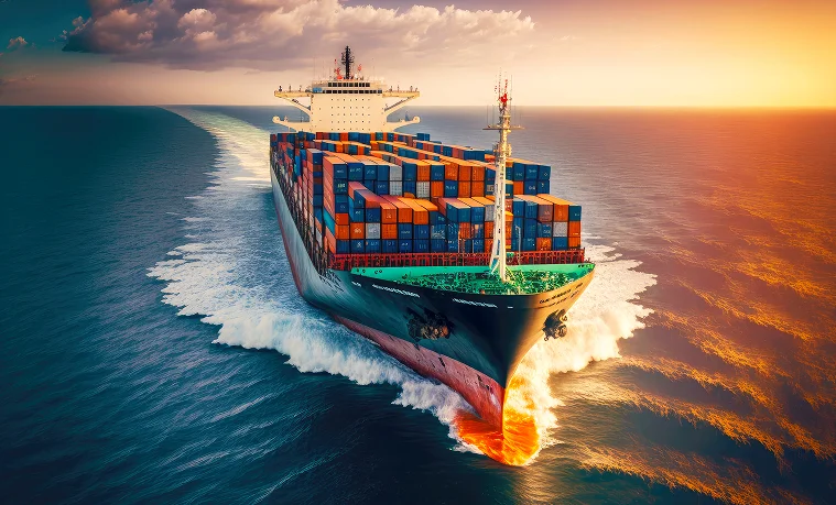 A loaded container ship sailing at sunset