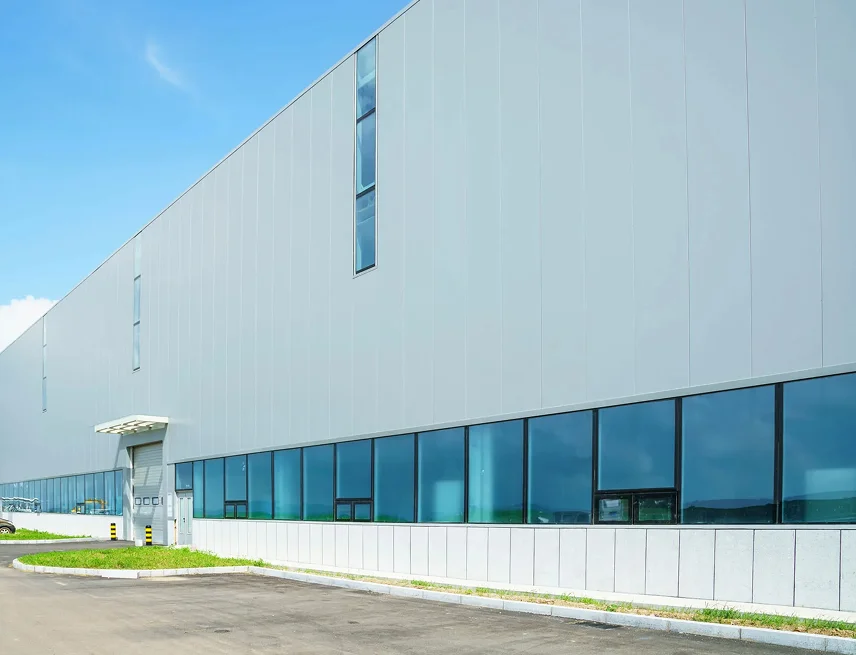 Exterior of a large modern warehouse building